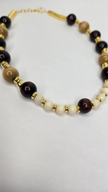 Necklace and Bracelet Set with dark, golden-brown and cream beads and gold-tone spacers, view 4