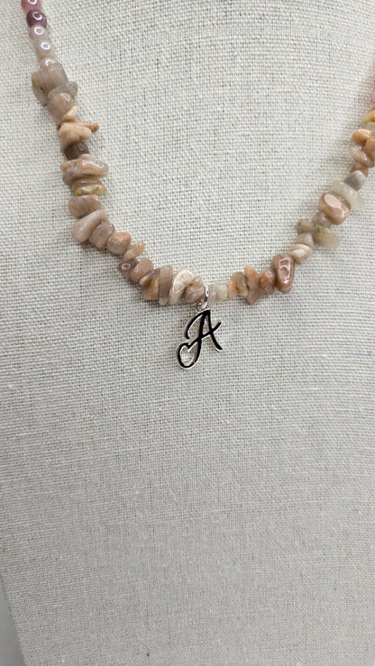 Natural Stone Necklace with peach and pink stone chips and a silver-tone letter A charm