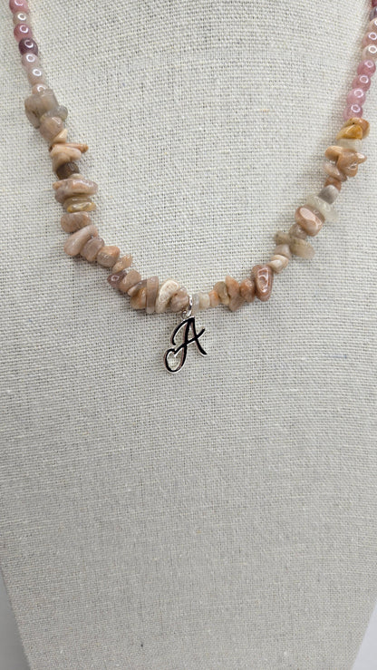 Natural Stone Necklace with peach and pink stone chips and a silver-tone letter A charm, view 2