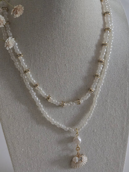 Double-Layer Shell Pendant Necklace with white beads, seashell pendant and gold-tone accents, view 4