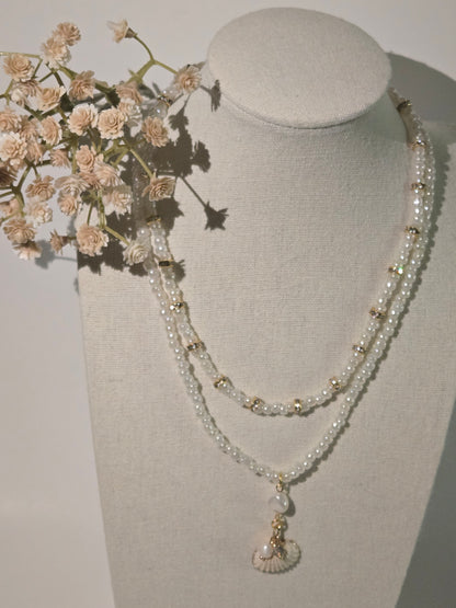 Double-Layer Shell Pendant Necklace with white beads, seashell pendant and gold-tone accents