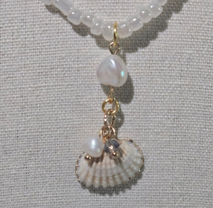 Double-Layer Shell Pendant Necklace with white beads, seashell pendant and gold-tone accents, view 3