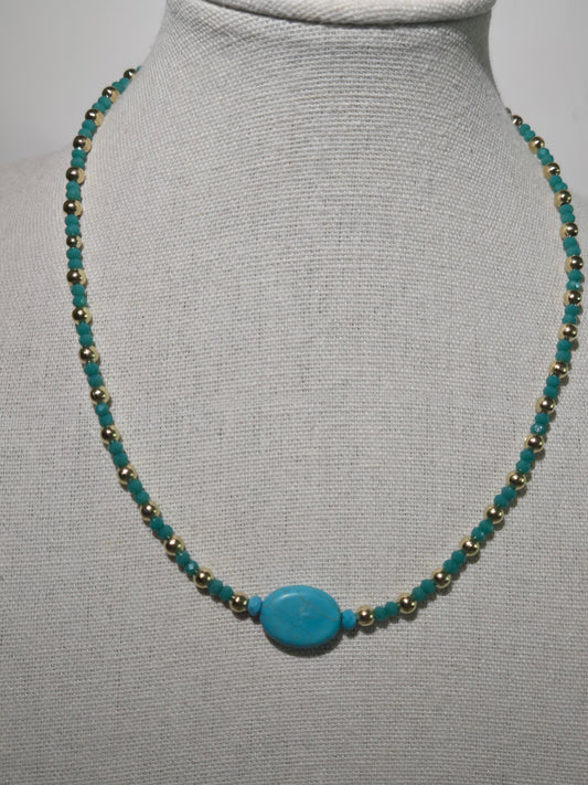 Turquoise Accent Beaded Necklace with turquoise-colored centerpiece and gold-tone details, view 2