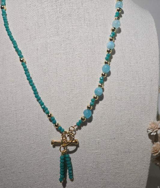 Elegance Beaded Necklace with golden spacers and a gold heart clasp, view 2