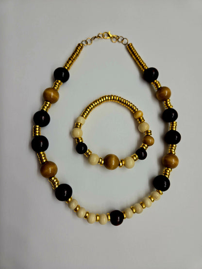 Necklace and Bracelet Set with dark, golden-brown and cream beads and gold-tone spacers