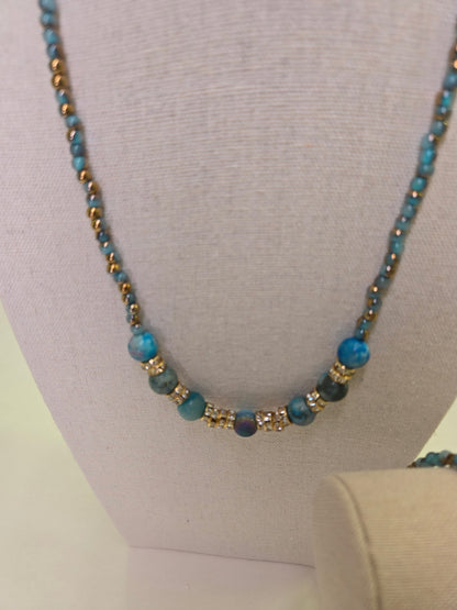 Luna Blue Beaded Jewelry necklace and bracelet with blue beads and rhinestone rondelles, view 3