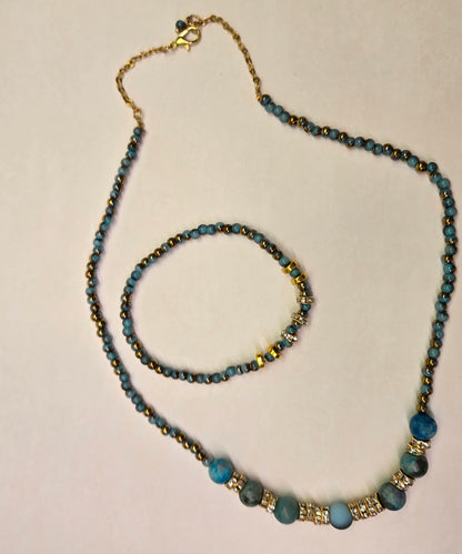 Luna Blue Beaded Jewelry necklace and bracelet with blue beads and rhinestone rondelles, view 4