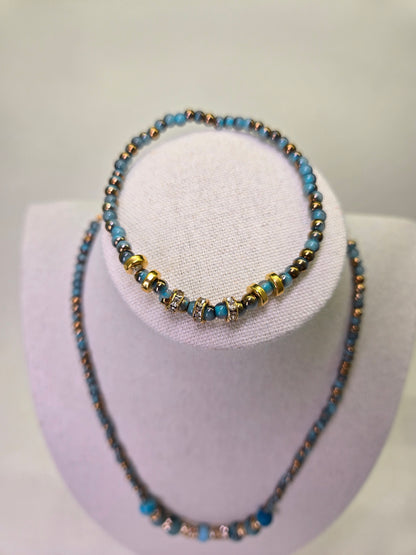 Luna Blue Beaded Jewelry necklace and bracelet with blue beads and rhinestone rondelles, view 5