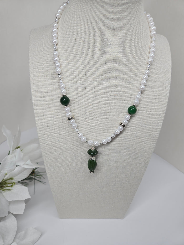 Pearl Forest Leaf Pendant Necklace with white bead accents and green details