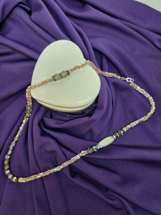 Sunset Gleam Necklace with smoky rose square beads and a beige-gray focal stone, view 2