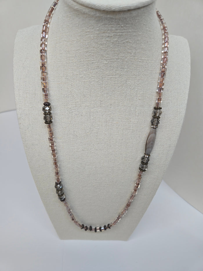 Sunset Gleam Necklace with smoky rose square beads and a beige-gray focal stone