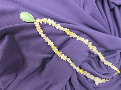 Rose Nectar Necklace with rose quartz chips, gold-tone spacers and a green teardrop pendant
