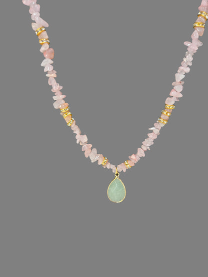 Rose Nectar Necklace with rose quartz chips, gold-tone spacers and a green teardrop pendant, view 2