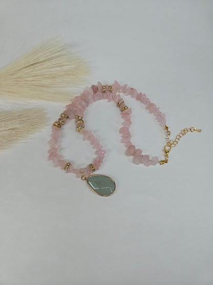 Rose Nectar Necklace with rose quartz chips, gold-tone spacers and a green teardrop pendant, view 3