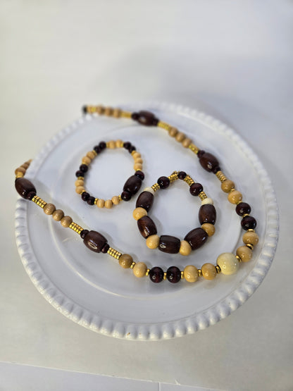 Sahara Charm Set, a necklace and two bracelets of brown wooden beads with gold-tone accents, view 3