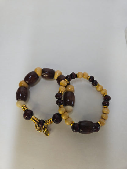 Sahara Charm Set, a necklace and two bracelets of brown wooden beads with gold-tone accents, view 5