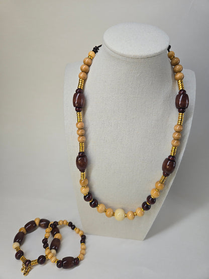 Sahara Charm Set, a necklace and two bracelets of brown wooden beads with gold-tone accents, view 6