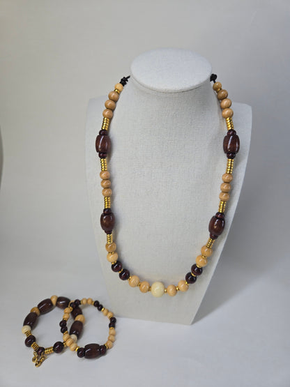 Sahara Charm Set, a necklace and two bracelets of brown wooden beads with gold-tone accents, view 9
