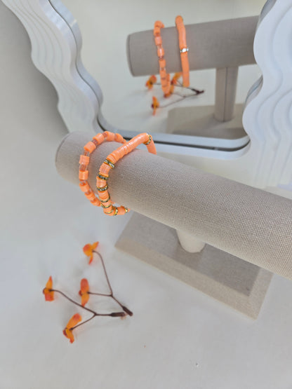 Sun Bloom Orange Beaded Jewelry, two orange disc bead bracelets with gold-tone rondelles, view 2