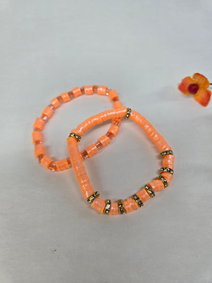 Sun Bloom Orange Beaded Jewelry, two orange disc bead bracelets with gold-tone rondelles, view 4