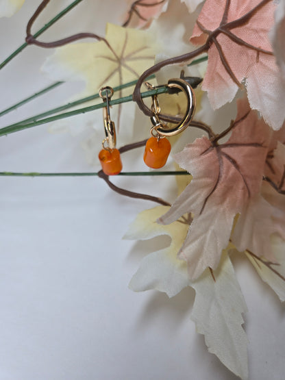 Amber Drop Earrings with gold-tone hoops and faceted orange cube beads, view 2