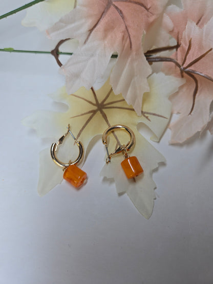 Amber Drop Earrings with gold-tone hoops and faceted orange cube beads, view 4