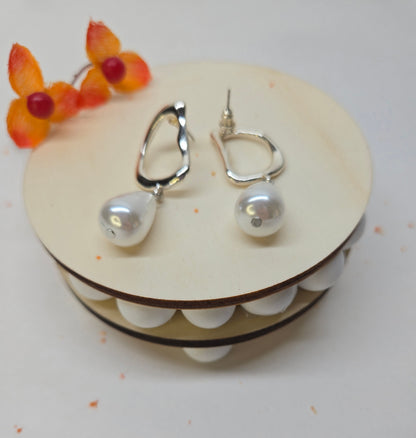 Pearl Drop Earrings with open silver-tone frames and white teardrop pearl drops, view 5