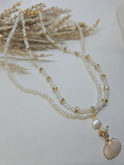 Sea Pearl Necklace with two layers of white beads, gold-tone accents and a shell charm, view 3