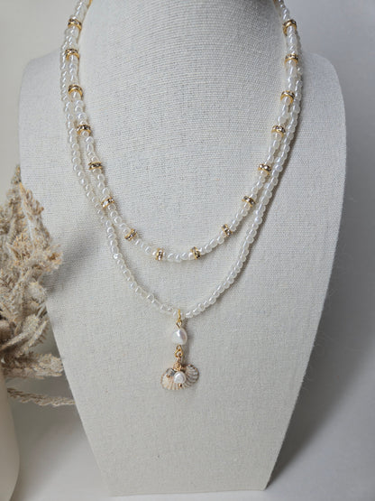 Sea Pearl Necklace with two layers of white beads, gold-tone accents and a shell charm, view 4