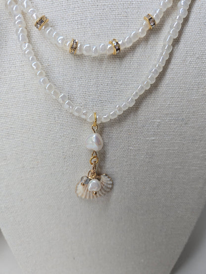 Sea Pearl Necklace with two layers of white beads, gold-tone accents and a shell charm, view 5
