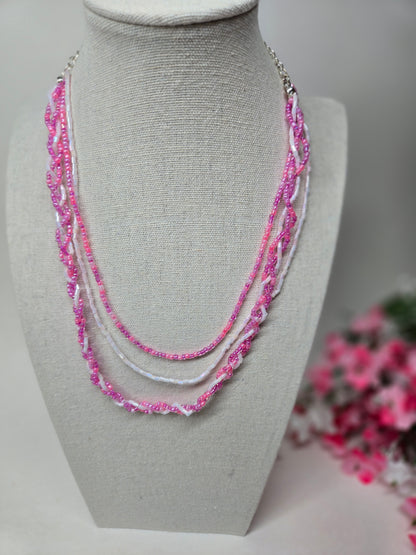 Rosy Whisper Necklace with pink braided beadwork on an adjustable silver chain, view 2
