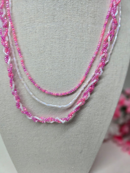Rosy Whisper Necklace with pink braided beadwork on an adjustable silver chain, view 3