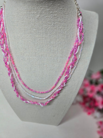 Rosy Whisper Necklace with pink braided beadwork on an adjustable silver chain, view 4