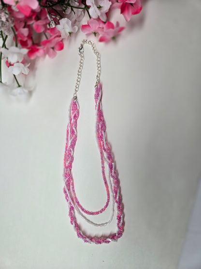 Rosy Whisper Necklace with pink braided beadwork on an adjustable silver chain, view 6