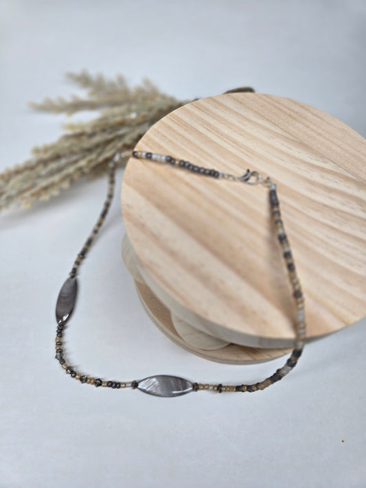 Desert Stone Necklace with beige and gray stone beads and metallic accents, view 2