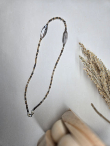 Desert Stone Necklace with beige and gray stone beads and metallic accents, view 3