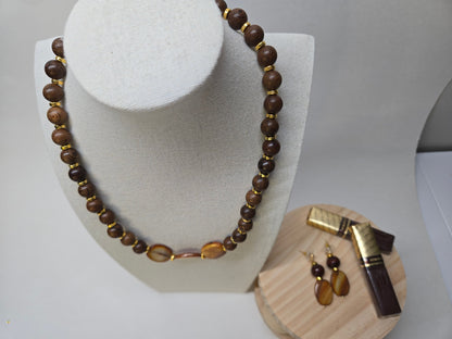 Sunwood Beaded Necklace & Earrings Set with deep brown round beads and gold-tone details