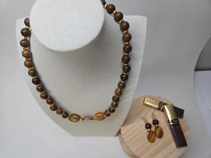 Sunwood Beaded Necklace & Earrings Set with deep brown round beads and gold-tone details