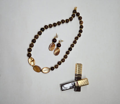Sunwood Beaded Necklace & Earrings Set with deep brown round beads and gold-tone details, view 3