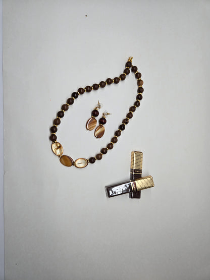 Sunwood Beaded Necklace & Earrings Set with deep brown round beads and gold-tone details, view 4