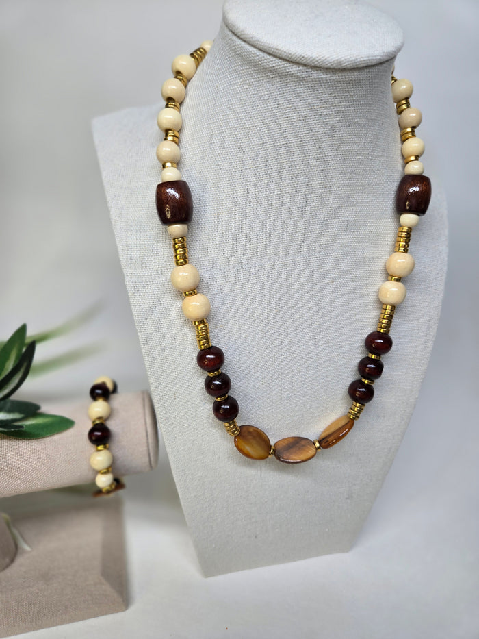 Earth’s Warmth Beaded Jewelry necklace and bracelet in cream and brown beads