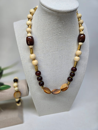 Earth’s Warmth Beaded Jewelry necklace and bracelet in cream and brown beads, view 3