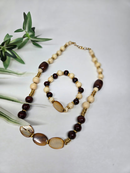 Earth’s Warmth Beaded Jewelry necklace and bracelet in cream and brown beads, view 5