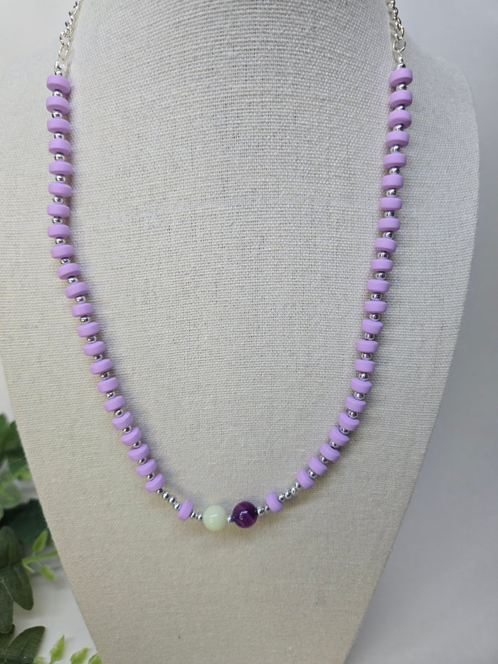 Violet Harmony Lavender Bead Necklace with purple beads, silver spacers and a white center bead