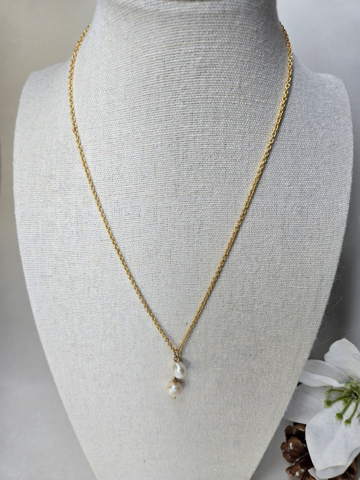 Soft Elegance Necklace with two pearls in a drop design on a gold-tone chain