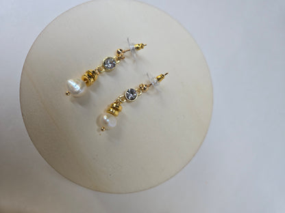 Elegant Shine Earrings with freshwater pearl drops under clear stones on gold-plated findings, view 2