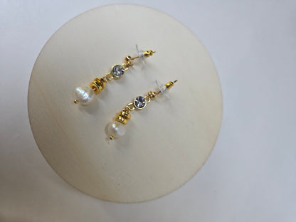 Elegant Shine Earrings with freshwater pearl drops under clear stones on gold-plated findings, view 3