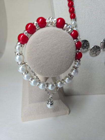 Cherry Touch Set, a necklace and bracelet of red beads, white pearls and silver accents, view 2