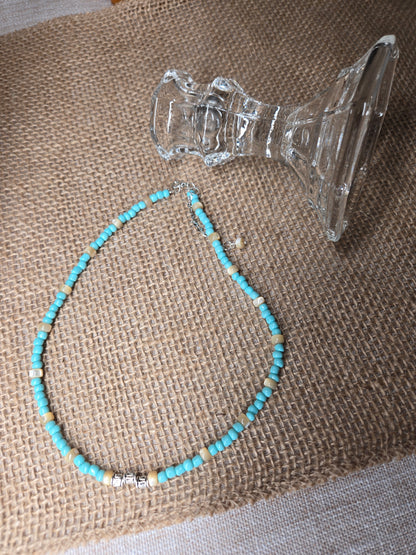 Sands & Waves Beaded Necklace with turquoise-colored and cream beads and metallic spacers, view 2