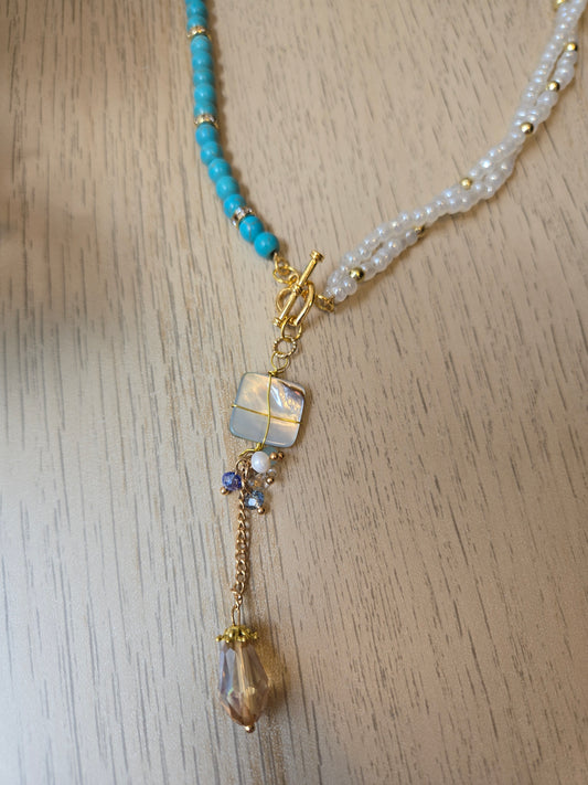 Pearl Mirage Asymmetric Necklace with turquoise-colored chips, white beads and gold-tone chain, view 2